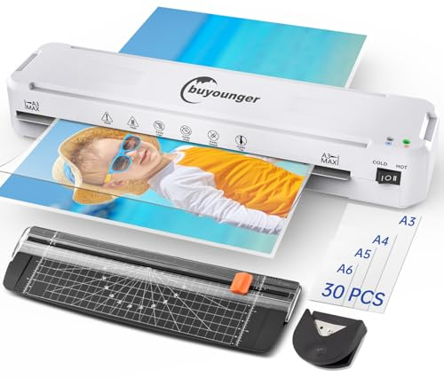 Buyounger A3 Laminator with 30 Laminating Pouches - Fast 60s Warm Up & 355mm/min Lamination, All-in-1 Laminator Machine with Never Jam Technolagy, Support A3/A4/A5/A6, Perfect for Office Home School
