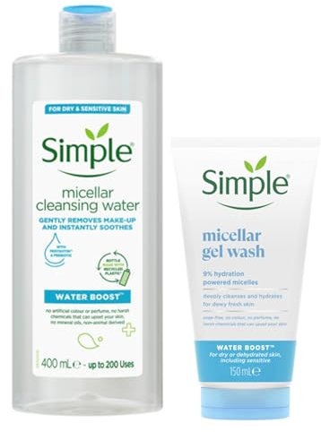 Simple Water Boost Hydrating Micellar Water Soothing Makeup Remover For Dry and Sensitive Skin 400 ml & Micellar 100% Soap-Free Face Cleanser 150 ml