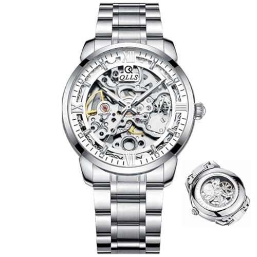 DAXIAOYU herrklocka lyxigt skelett ihåligt svänghjul automatisk klocka för män självlysande vattentät armbandsur läder, SILVER, Lyx