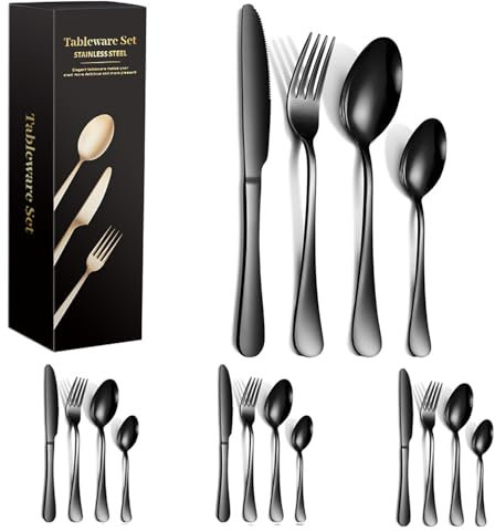 16-Piece Black Silverware Set, Stainless Steel Cutlery Set Service for 4, Flatware Utensil Set,Including/Fork/Knife Spoon Kitchen Tableware Set for/Home/Restaurant, Mirror Polished, Dishwasher Safe.