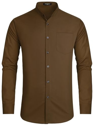 HISDERN Camisas Manga Larga Hombre Formal Camisa Traje Hombre Marrón Antiarrugas Cuello Mao de Vestir Negocios M