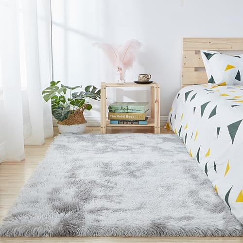 XUEDNGM Waschbarer Teppich Shaggy Teppich 135 x 200 cm Moderner Hochflor Teppich Wohnzimmer Weicher Waschbar Bis 30 Grad, Super Soft, Anti-Rutsch, Flauschig für Wohn Schlafzimmer, Wasser Grau