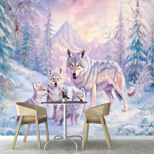 Papier Peint Panoramique Forêt Loup Montagne Enneigée Animal 400×280cm, Papier Peint Géant 3D Salon Chambre Salle à Manger Chambre d'Enfant Décoration Murale
