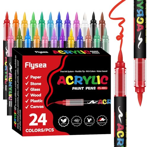 Alitastro 24 Colors Brush Tip Paint Pens Water Based Acrylic Markers | 0.5-5mm Direct-Liquid Control System Marker Pens for Rock Painting, Wood, Ceramic, Glass, Christmas Easter Egg Pumpkin Making