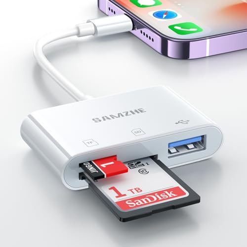SD Card Reader for iPhone iPad, Built-in Lightning Connector Card Adapter with SD MicroSD USB-A 3 Slots Trail Camera Memory Card Viewer, Portable No App Required, Plug and Play