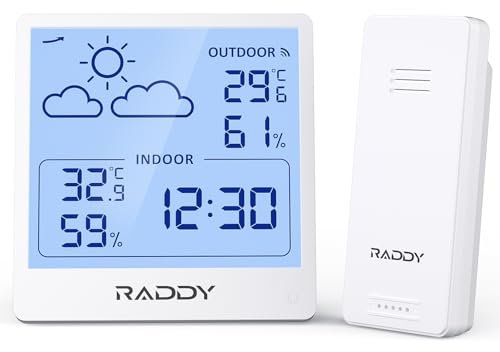 Raddy WF-50T Indoor Outdoor Thermometer Hygrometer Wireless Weather Station, Battery Powered Temperature & Humidity Monitor with 5.0’’ TN Display, Weather Forecast, Wireless Remote Sensor (White)