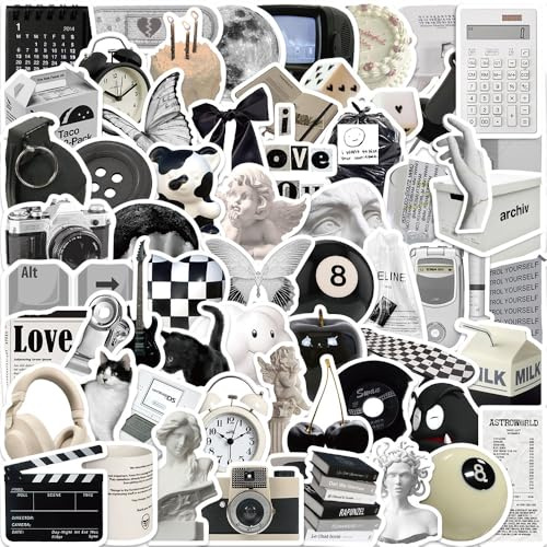 61 Pcs Black & White Retro Aesthetic Stickers – Waterproof Vinyl Decals Featuring Vintage Minimalist Designs for Laptop, Water Bottle, Scrapbook, Journal, Skateboard, Luggage, Computer, Adults & Teens