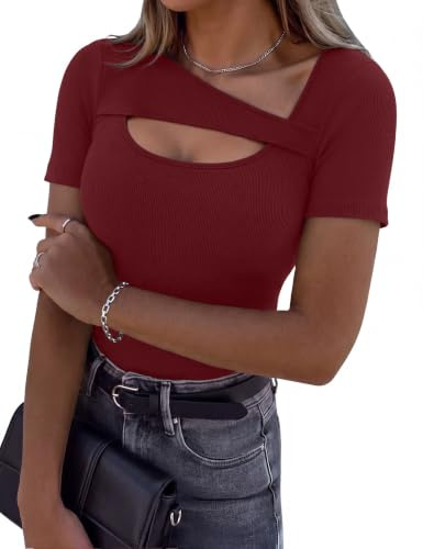 Aottori Camiseta de Mujer Manga Corta Acanalado Elástico con Cuello Redondo | Tejido Ligero, Estilo Casual, Estilo Elegante, Forma de Túnica, para Uso Casual, Sensación Ligera