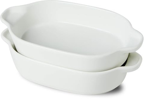 UIBFCWN Juego de 2 Bandejas Rectangulares de Cerámica para Hornear, 650ml Plato Hornear Ceramica con Asas, Molde Rectangular, para Lasañas, Pasteles, Tapas y Más, Blanco