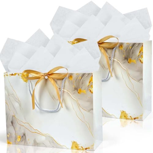 2 Stück Geschenktüten Groß, Weiß Geschenktüten Set mit Seidenpapier und Grußkarte, Papiertüten mit metallischen Glanz, Geschenktaschen für Geburtstag, Party, Hochzeit, Feier, 26 x 33 x 12 cm