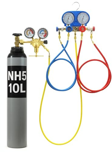 Klimaanlage Monteurhilfe Gauge Set - Kältemittel Manifold Messgerät Set - Schutzgasflasche 8L/10L Hydrogen NH5 für Klimaanlage R134A R410A R22 - Manometer 1/4 Zoll (1.NH5-10L | 42-18566)