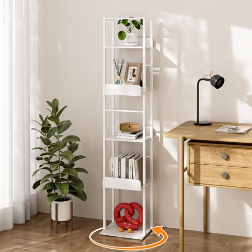 Rebonique Drehbares Bücherregal,5 Ebenen Standregal,360 Grad Bücherregal, Holz Metall Drehbar Aufbewahrungsregal, Drehregal Dekoregal Lagerregal,für Wohnzimmer, Schlafzimmer, Heimbüro (Weiß)