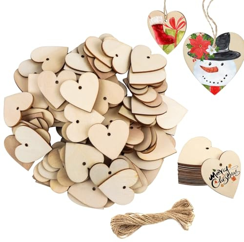 200 corazones de madera para escribir, 4 cm corazones de madera, colgantes de madera para pintar con cuerda de yute de 10 m, decoración para manualidades, bodas, cumpleaños