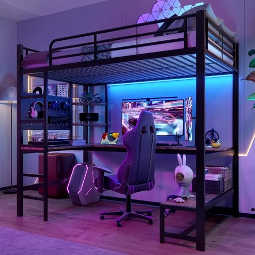 NovaFurnish Cama alta, 90 x 200 cm, marco de hierro, escritorio, barandilla, escalera de tijera, varios estantes, con enchufe USB+Type-c, con barra LED, con tabla perforada, sin colchón, color negro