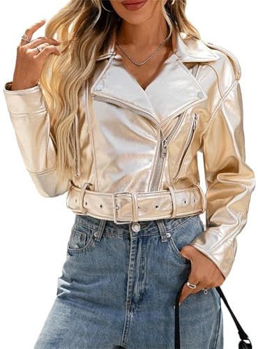 Giacca da donna in pelle sintetica PU allentata primaverile vintage streetwear retrò cerniera moto motociclista cappotto casual capispalla, Oro, L