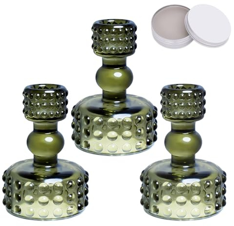 Toptime Candle Holders Set of 3, Raised Dot Glass Candlestick Holders with Adhesive Wax, Green Reversible Taper & Tea Light Holder, Vintage Taper Candle Holder for Christmas Table Centrepiece Brithday