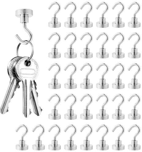 32Pack Magnetic Hooks Heavy Duty Magnetic Hooks, Cruise Essentials Neodymium Magnet Hook for Fridge, Ceiling, Kitchen, Garage, Office, Fridge, Camping, Ideal for Keys, Tools, Clothes, Silver