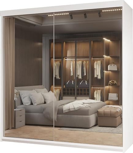 MN Furniture 200cm White Modern Mirror Sliding Wardrobe with 6 Shelves, 3 Drawers & 2 Rails for Bedroom (White, 200cm)