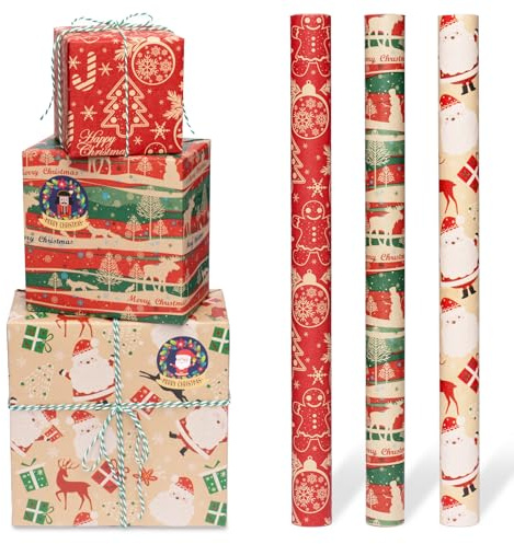 Toptime Geschenkpapier Weihnachten 3 Rollen, 300x43cm Geschenkpapier Kraftpapier Rolle mit Aufkleber 10m Hanfseil, Vintage Weihnachtsgeschenkpapier Set mit Santa Claus Elch Muster für Feiertage Partys
