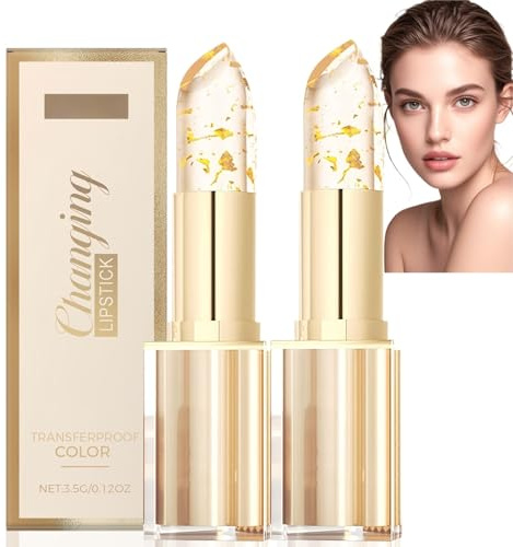 2PCS PH Adjusting Lipstick,Color Changing Lipstick with Gold Cry/stal,Transferproof Temperature Changing Lipst/ick,Moisturizing Lip Bal/m for Dry Lips,3.5G Adju/sting Colo/ur Lipsti/cks