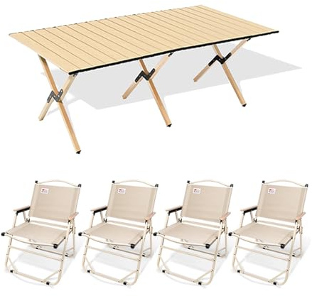 HBOOMOEM Klappbarer Campingtisch Mit StüHlen，Robuster Tisch Und StüHle Im Freien Set ，Leicht Und Einfach Zu Tragen, Perfekt FüR Catering, Garten, Terrasse, Grillpartys.(Khaki,120CM+4 Large Chairs)