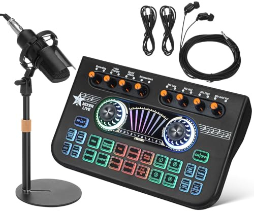 iplusmile Kit de Micrófono y Tarjeta de Sonido para Podcast Equipo de Estudio de Música Mesa de Sonido y Mezclador de Audio Portátil para Grabación
