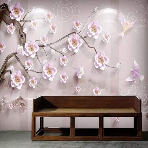 XLMING Simplicité Relief Violet Fleurs Oiseaux 3D Papier Peint Luxe Décoration Manger Adulte Intérieure Salon Canapé Chambre Fond TV Mur-430cm×300cm