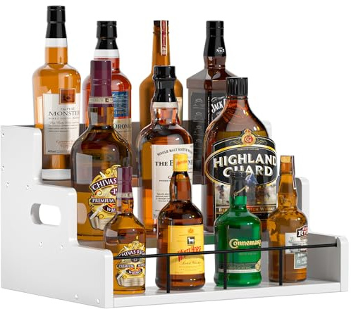 Yelinkws Liquor Bottle Display Shelf,Wood Syrup Organizer Rack,3 Step Countertop Organizer Wine Rack,Rustic Coffee Station Accessories for Syrup (White)