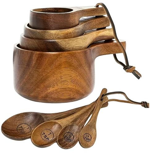 Juego de 8 tazas y cucharas medidoras de madera, cucharas y tazas medidoras de madera ecológicas con orificio para colgar para hornear, cocinar, especias, café, té, leche en polvo