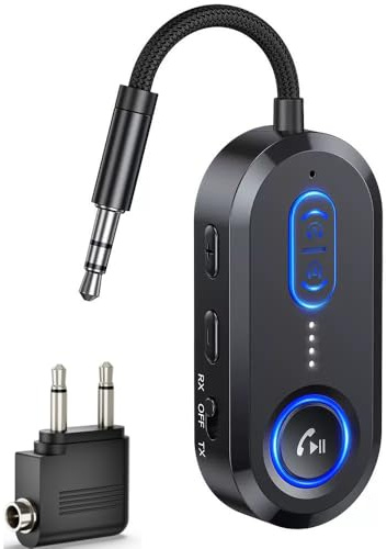 Receptor transmisor de audio Bluetooth, receptor inalámbrico Bluetooth 5.4 para 2 AirPods/auriculares, micrófono para llamadas, adaptador de audio Bluetooth AUX de 3.5 mm para TV, avión, coche