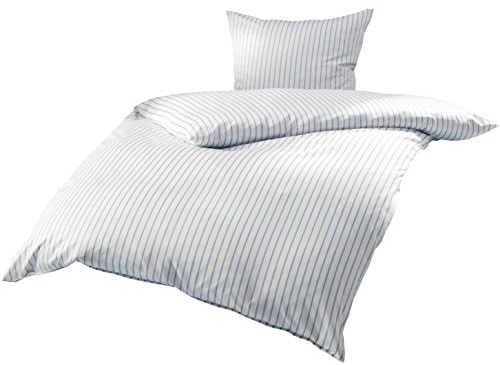 Mako Satin Bettwäsche blau weiß gestreift 155x220 + 80x80 cm, 100% Baumwolle mit Reißverschluss