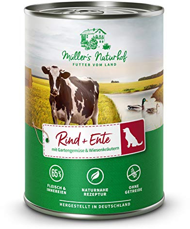 MÜLLER'S NATURHOF – Rind | Nassfutter mit natürlichen Zutaten und wertvollen Superfoods für ausgewachsene Hunde. Getreidefreies Alleinfutter ohne Zusatzstoffe in der Dose | 6x400g Rind