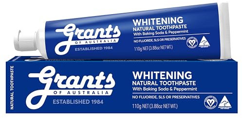 Grants Whitening Toothpaste with Baking Soda & Peppermint - Natural Fluoride Free Toothpaaste - Vegan, Safe for Kids 6+, Adults - Dental & Oral Hygiene Product (110 Grams)