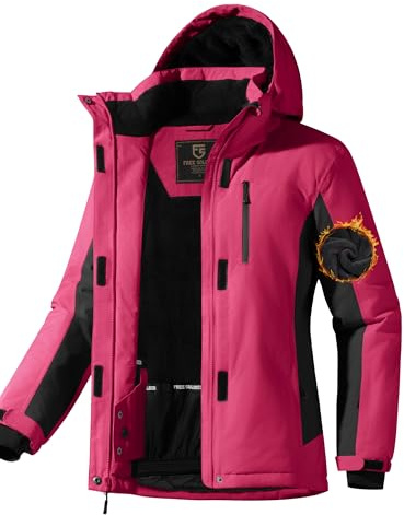 FREE SOLDIER Women's Waterproof Ski Snow Jacket Fleece Lined Warm Winter Rain Jacket with Hood Fully Taped Seams