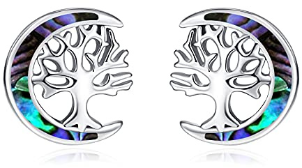 TANGPOET Måne livets träd örhängen för kvinnor 925 sterling silver släktträd knoppörhänge för flickor, födelsedagssmycken gåvor till henne, med presentask, Sterlingsilver, Abalone