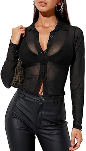 Remidoo Women's Sexy Sheer Mesh Button Down Long Sleeve Crop Top Blouse Shirt Black X-Large