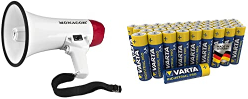 MONACOR Stageline TM-10 Megafon, weiß & VARTA Industrial Batterie AA Mignon Alkaline Batterien LR6-40er Pack, Made in Germany, umweltschonende Verpackung