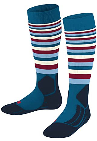 FALKE Unisex Kinder Skisocken SK2 Intermediate Stripes K Kh Wolle Funktionsmaterial warm dick 1 Paar, Türkis King Fisher 6835, 27-30