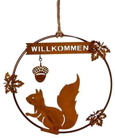 ZauberDeko Herbst Deko Eichhörnchen Metallschild zum Aufhängen Edelrost Metall Ø 20cm 2 Motive, Modell:Liegend