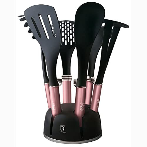 Berlinger Haus I-Rose - Set di 6 utensili da cucina in nylon, con supporto girevole a 360, antiaderenti, senza BPA, resistenti al calore, design moderno, rosa