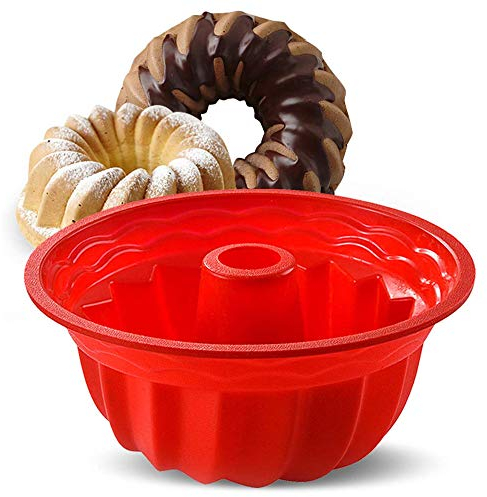 SEIWEI 11.8 Inch Red Silicone Spiral Cake Pan Mold, Non-Stick Fluted Round Jello Mould for Baking Pudding Donut Muffin and Cake