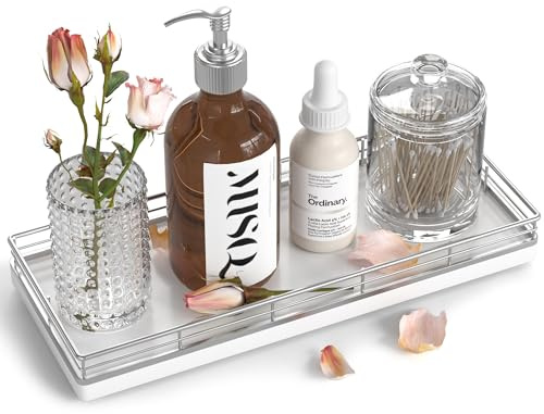 Bathroom Tray for Counter, Oak Wooden 11.2 L Vanity Tray for Jewelry Candle Makeup Perfume, Holder for Coffee Table Decor Bar Silver