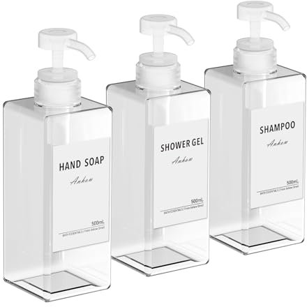 3 Pezzi Dispenser Sapone, Dispenser Sapone Bagno 500 ml con Etichetta per Bagno Doccia Cucina Shampoo e Bagnoschiuma - Trasparente