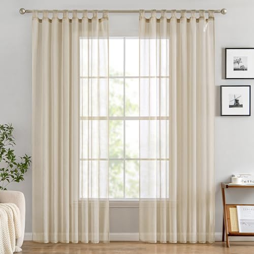EMEMA Gardinen Transparent Vorhang Set Wohnzimmer Voile Schlaufenschal mit Bleibandabschluß 2er-Pack Wohnzimmer Luftig Dekoschal für Schlafzimmer 140 X 245 cm (B x H) Beige