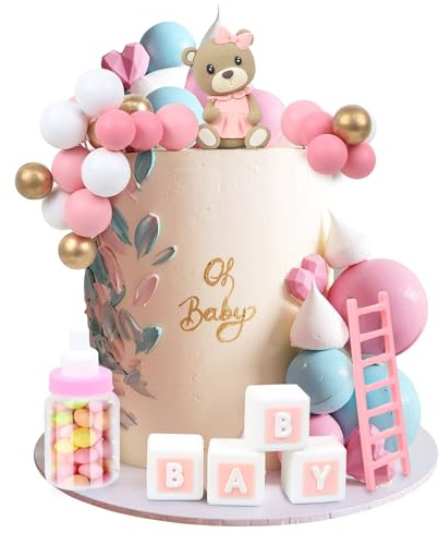 LARDUX 24 Stück Baby Dusche Kuchen Dekoration - Teddybär DIY Kugeln für Baby Junge Mädchen Geburtstag Party Bär Dekor - Rosa