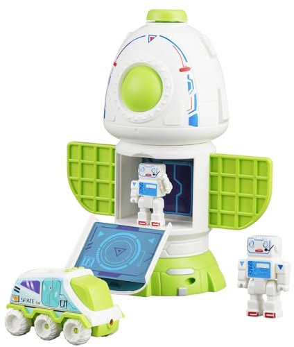 Spaceship Toy Set for Boys Girls, Space Shuttle Toys with Lights & Sound, including 2 Astronauts Figure, 1 Rotating Space Station, 1 Space Rover, Astro Venture Space Playset 10 Pcs (Blue) (Green)