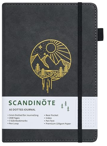 SCANDINÖTE Bullet prickig journal – träkol | 208 sidor med 120 gsm premiumpapper | veganläder | 3 bandbokmärken, pennögla, Doc Pocket penna testsida, 180 graders liggande platt, 5 mm placerade prickar