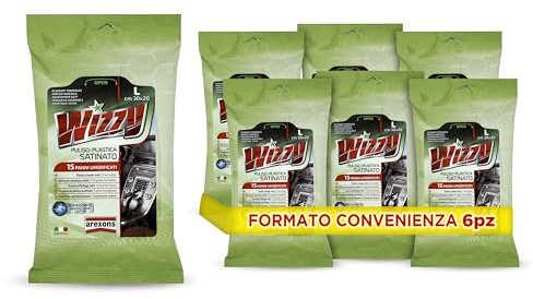 AREXONS WIZZY Pulisci Plastica Satinato, Usa e Getta, 6 Pezzi | 15 Salviettine Umidificate e Profumate per Superfici Interne in Plastica, Panni Imbibiti Rimuovi Sporco