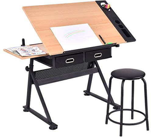 KOHARA Zeichentisch, Zeichentisch mit Stauraum, höhenverstellbarer, neigbarer Kunsttisch, Zeichentisch aus Ahornplatte, für Arbeits-, Studien-, Mal- und Basteltisch