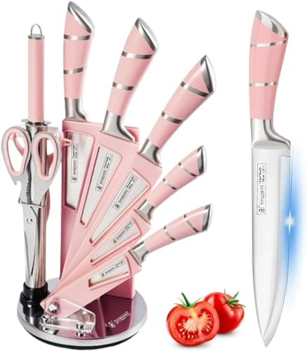 Kitchen Knife Sets, 9 Pieces Pink Chef Knives Block Set with Acrylic Block, Sharp Non-Stick Coated Stainless Steel Knife Set with Sharpener for Cutting Meat Slicing Chopping (Pink)